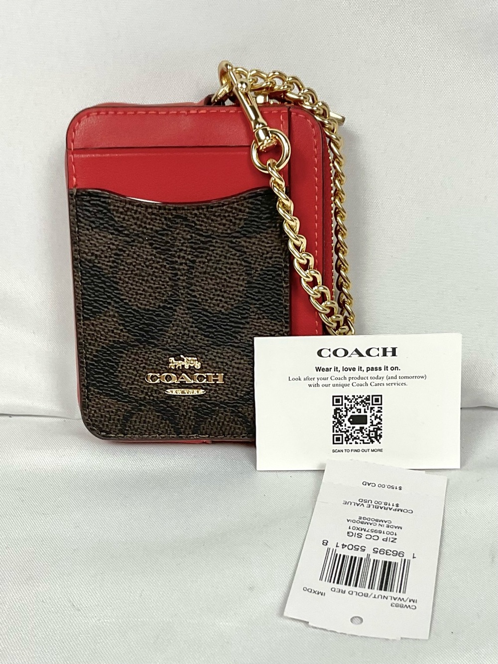 NWT Coach Zip Card Case In Signature Canvas Walnut Bold Red Chain CW883